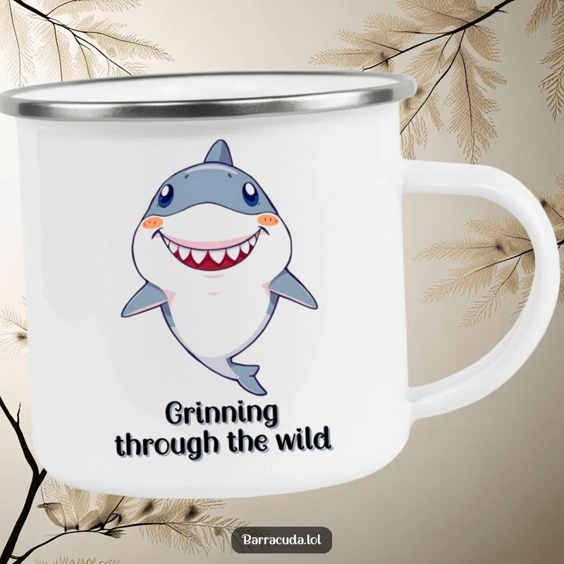 Funny Kawaii Barracuda Camping Mug: Durable enamel cup with a charming fish, large goofy tooth, and a wide, happy grin.