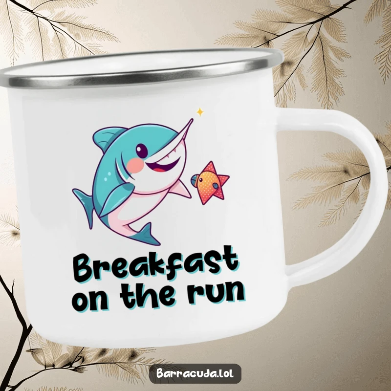 Funny kawaii barracuda gleefully chasing a sparkly fish on an enamel camping mug, ideal for outdoor humor.