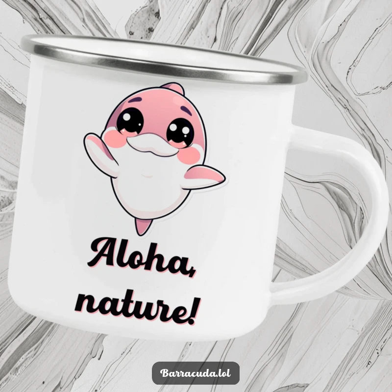 Funny kawaii barracuda with big innocent eyes offering a friendly wave on an enamel camping mug, for outdoor cheer.