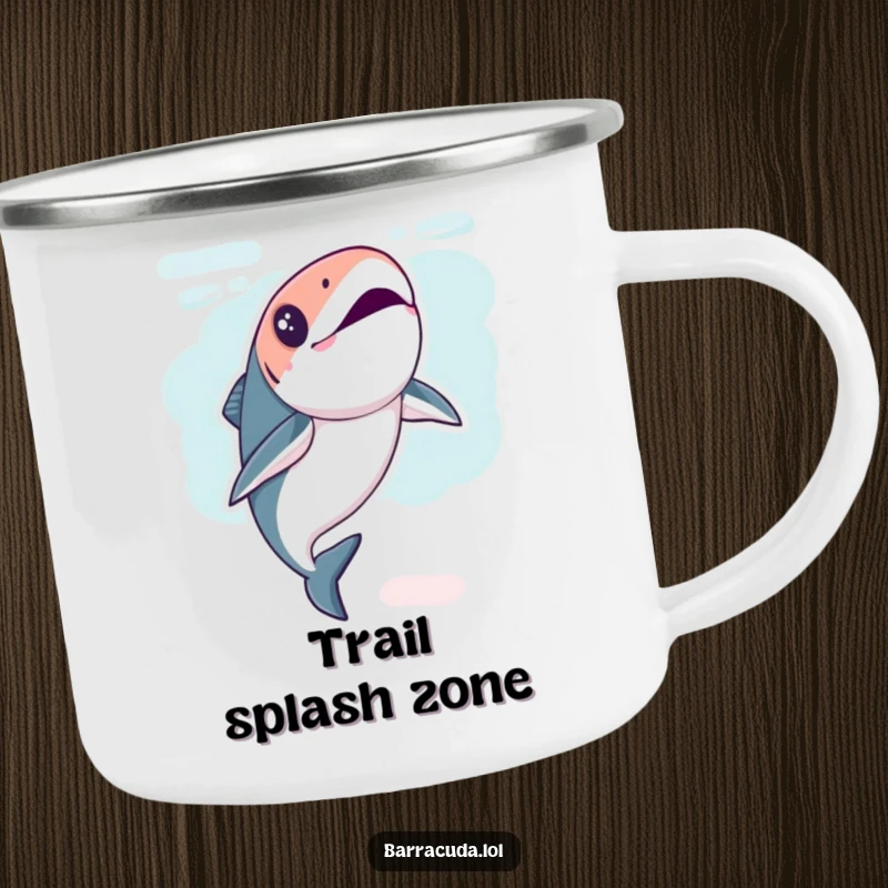 Funny Kawaii Barracuda Camping Mug with a fish in a playful underwater flip, ready for outdoor fun.