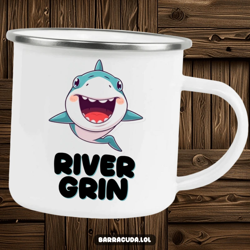 Funny camping mug featuring a kawaii barracuda with a huge, toothy grin, swimming energetically, perfect for quirky outdoor enthusiasts.