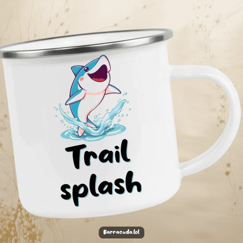 Funny Kawaii Barracuda Camping Mug: a cute barracuda leaping joyfully out of the water, creating an outdoor splash.