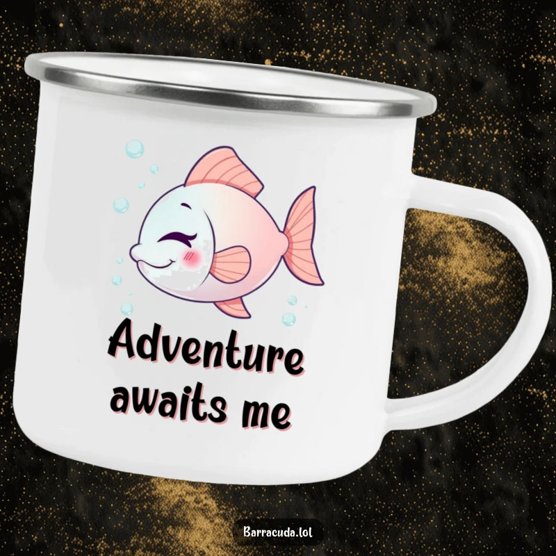 Funny fish camping mug with a playfully winking fish, surrounded by tiny bubbles, perfect for outdoor enthusiasts.