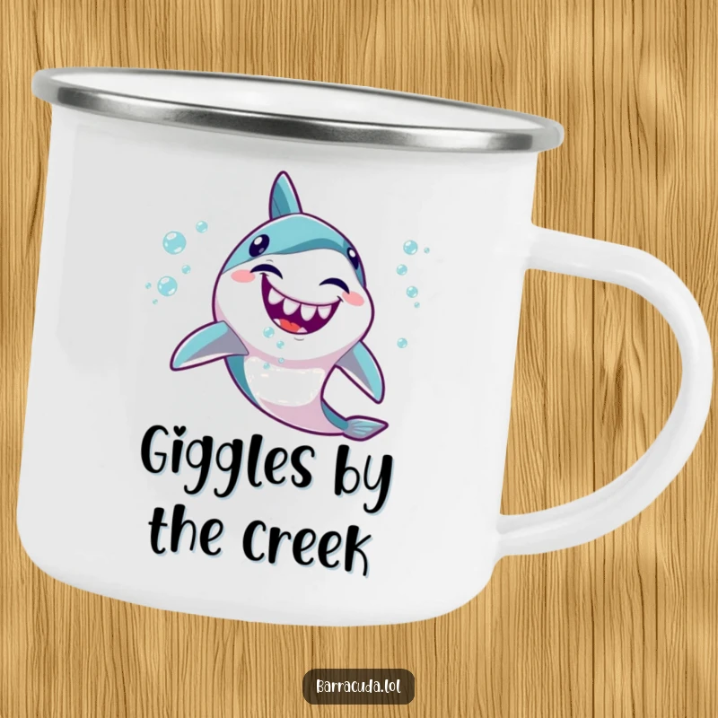 Funny Kawaii Barracuda Camping Mug: Durable cup featuring a cute fish giggling and spitting happy bubbles, for outdoor enjoyment.
