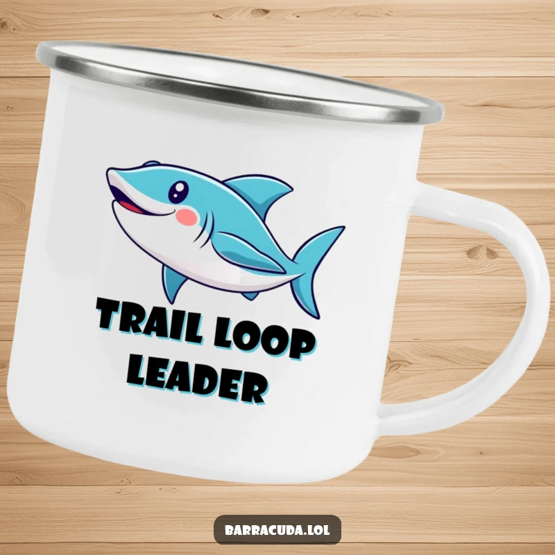 Funny barracuda camping mug with a cute, smiling fish swimming in a loop, ready for outdoor adventures and humorous sips.