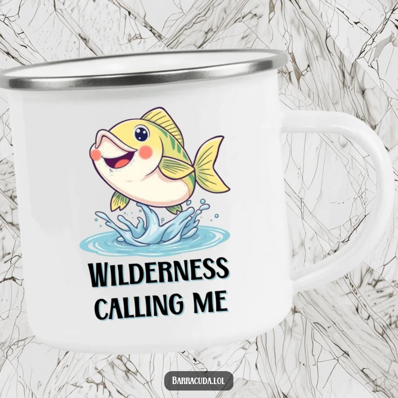 Funny fish camping mug with a smiling fish leaping energetically from the water, perfect for outdoor enthusiasts.