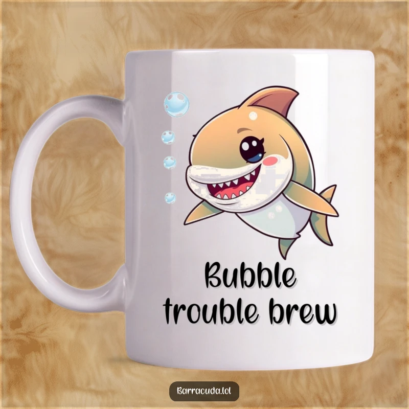 Funny mug featuring a cute barracuda with a mischievous grin, playfully chasing iridescent bubbles in the ocean water.