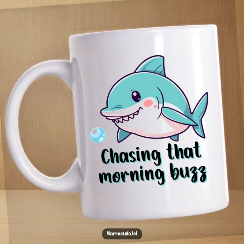 Funny Kawaii Barracuda Mug: A cute fish playfully chasing a small, shimmering bubble through sparkling water, conveying joy.