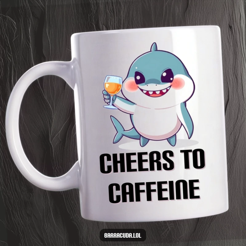Funny barracuda mug with a jovial expression, playfully tipping imaginary glasses, symbolizing celebration and good cheer.