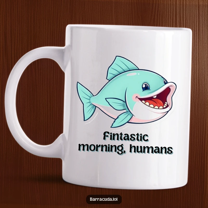 Funny sleek fish mug with a wide, toothy grin, swimming joyfully with infectious glee, a perfect gift for fish lovers.
