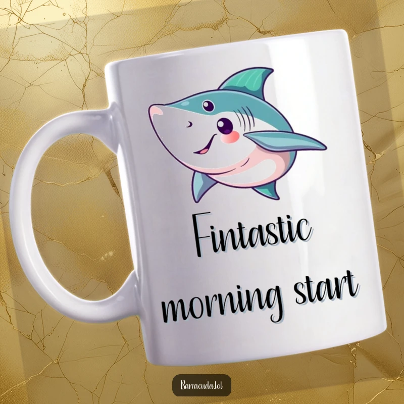 Funny barracuda mug featuring a fish with a big, friendly wave of its tail fin, offering a cheerful aquatic greeting.