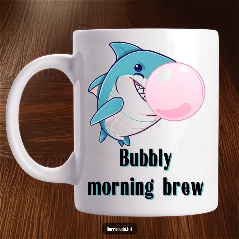 Funny Barracuda Bubble Mug, a mischievous barracuda fish with a grin is blowing a giant, colorful bubblegum bubble, perfect for aquatic humor lovers.