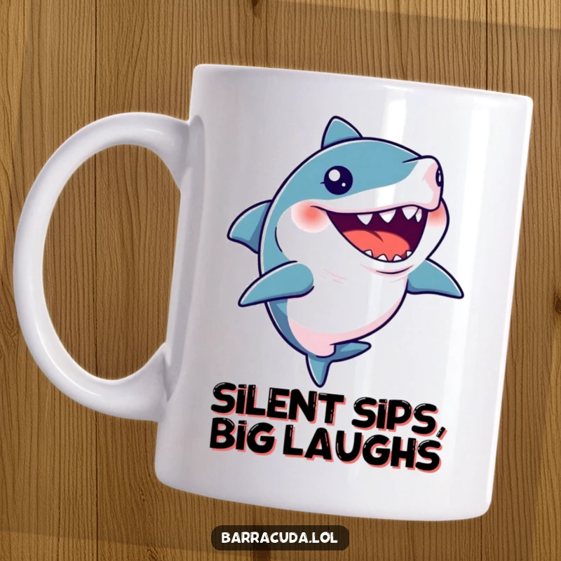 Funny mug featuring a barracuda with its mouth wide open, caught in a silent, comical giggle.
