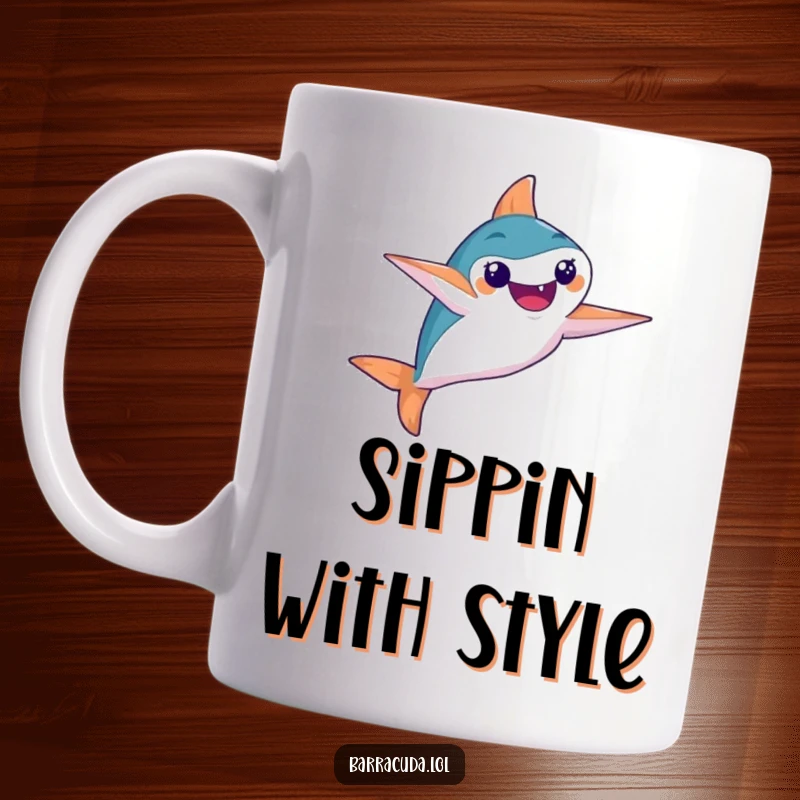 Funny mug depicting a barracuda performing a synchronized swimming move with impressive elegance and flair underwater.