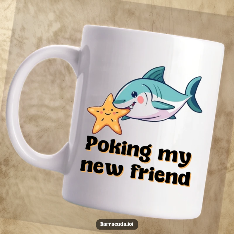 Funny Barracuda mug depicting a playful barracuda gently nudging a floating starfish, showcasing a humorous and friendly ocean encounter.