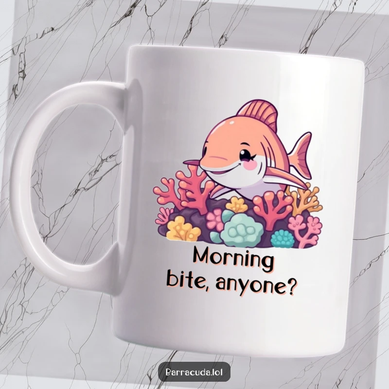 Funny barracuda design on a mug, a barracuda winks mischievously from behind a colorful coral reef, ready to share a laugh.
