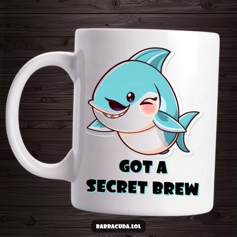 Funny barracuda character winking playfully with a mischievous flick of its tail, conveying a cheeky and humorous vibe on this mug.