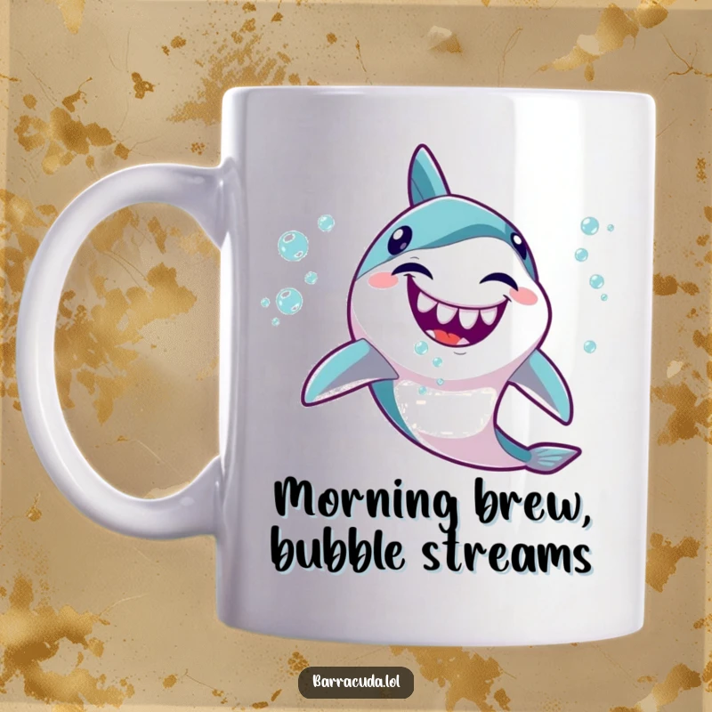 Funny Kawaii Barracuda Mug: A cute fish giggling gleefully while spitting a stream of tiny, happy bubbles.