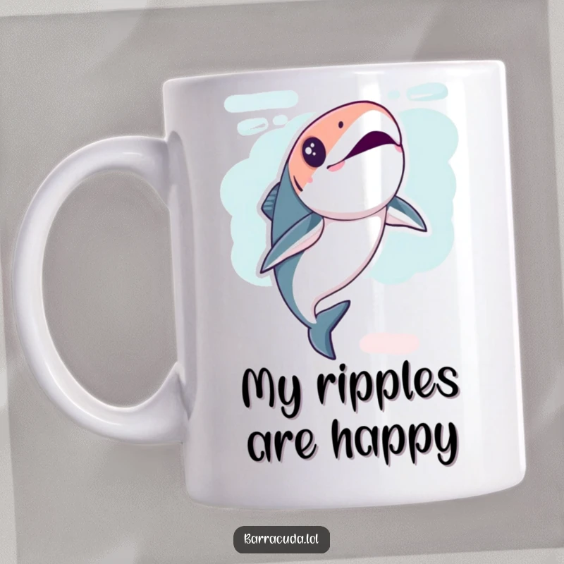 Funny Kawaii Barracuda Mug showcasing a fish doing a playful flip underwater, radiating aquatic joy and energy.