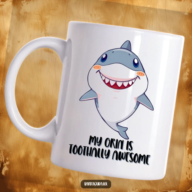 Funny Kawaii Barracuda Mug: Goofy fish with one big tooth grinning widely, radiating pure silly joy and amusement.