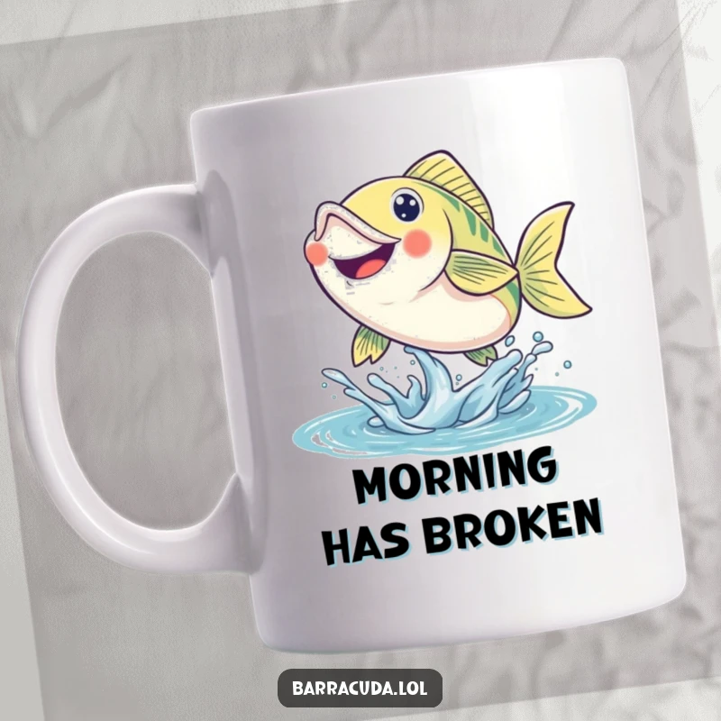 Funny fish mug featuring a smiling fish leaping energetically out of the water with great enthusiasm and joy.