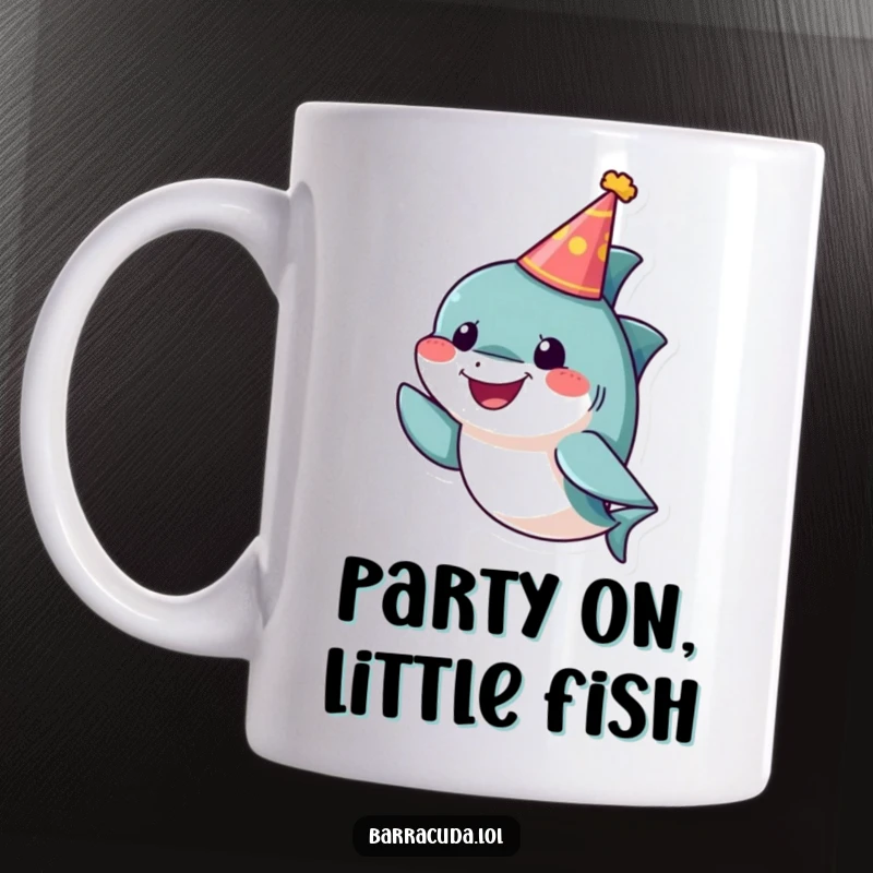 Funny barracuda mug featuring a small, cheerful fish wearing a tiny party hat, ready to celebrate any occasion with joy.