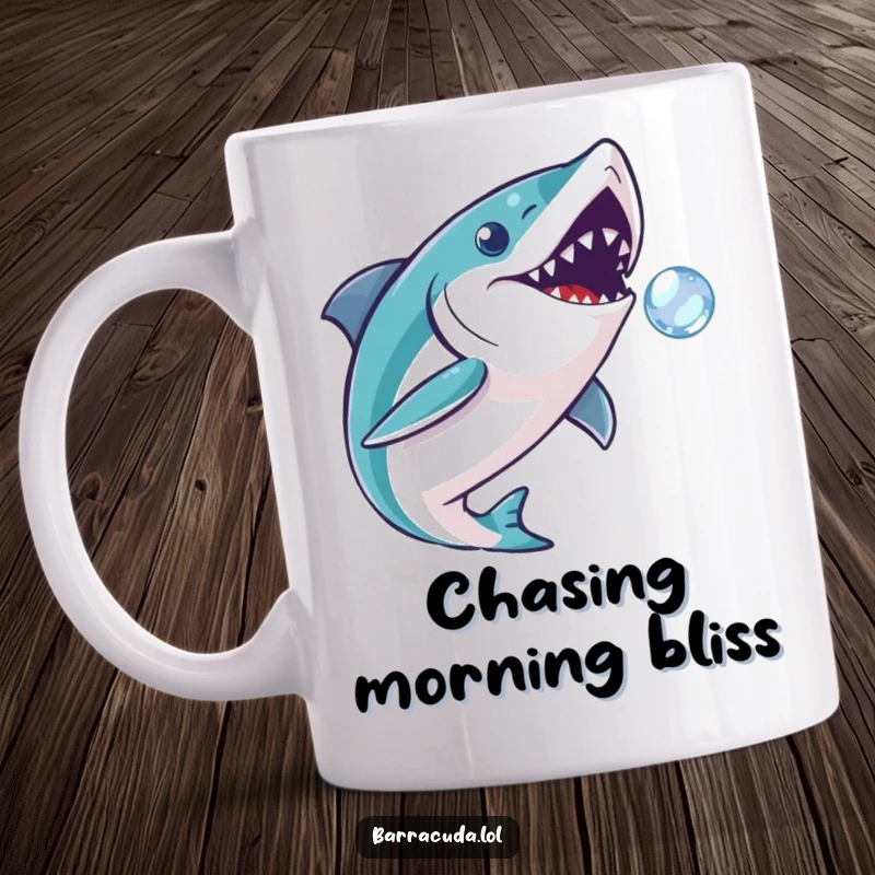 Funny barracuda mug depicting a fish playfully chasing a small, sparkling bubble, symbolizing innocence and aquatic fun.