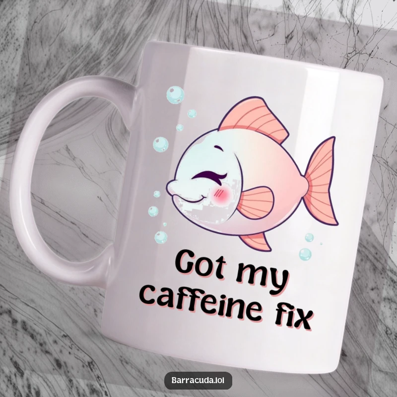 Funny fish mug with a fish winking playfully, surrounded by tiny bubbles, adding a cheerful and quirky vibe.
