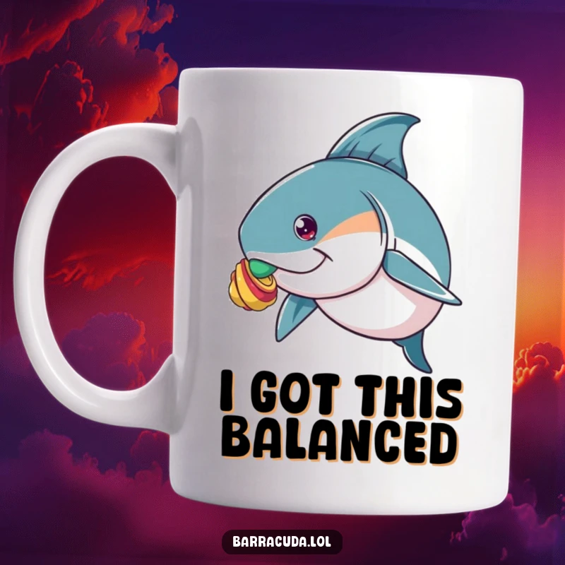 Funny mug featuring a barracuda trying to balance a small, colorful shell on its nose with a focused expression.