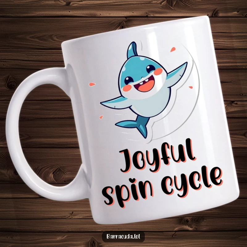 Funny, very happy kawaii barracuda spinning in a circle on a mug, radiating pure joy and excitement.