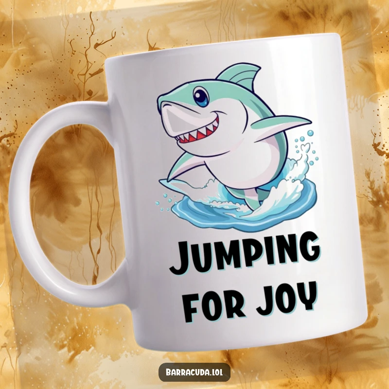 Funny mug showing a barracuda with a determined expression, playfully leaping high out of the water with great splash.