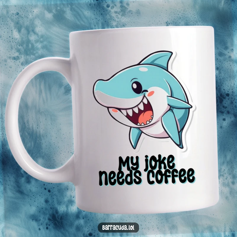 Funny barracuda character with its mouth wide open, as if mid-joke, conveying pure comedic energy on this mug.