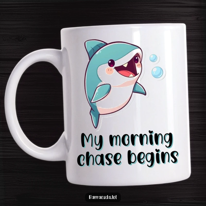 Funny barracuda character playfully chasing a tiny, shimmering bubble, evoking joy and lightheartedness on this mug.
