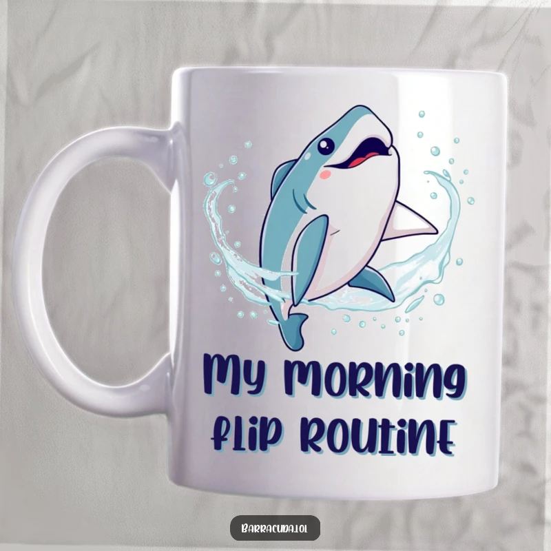 Funny Kawaii Barracuda Mug: A cute fish doing a silly, joyful somersault flip through sparkling, bubbly water.