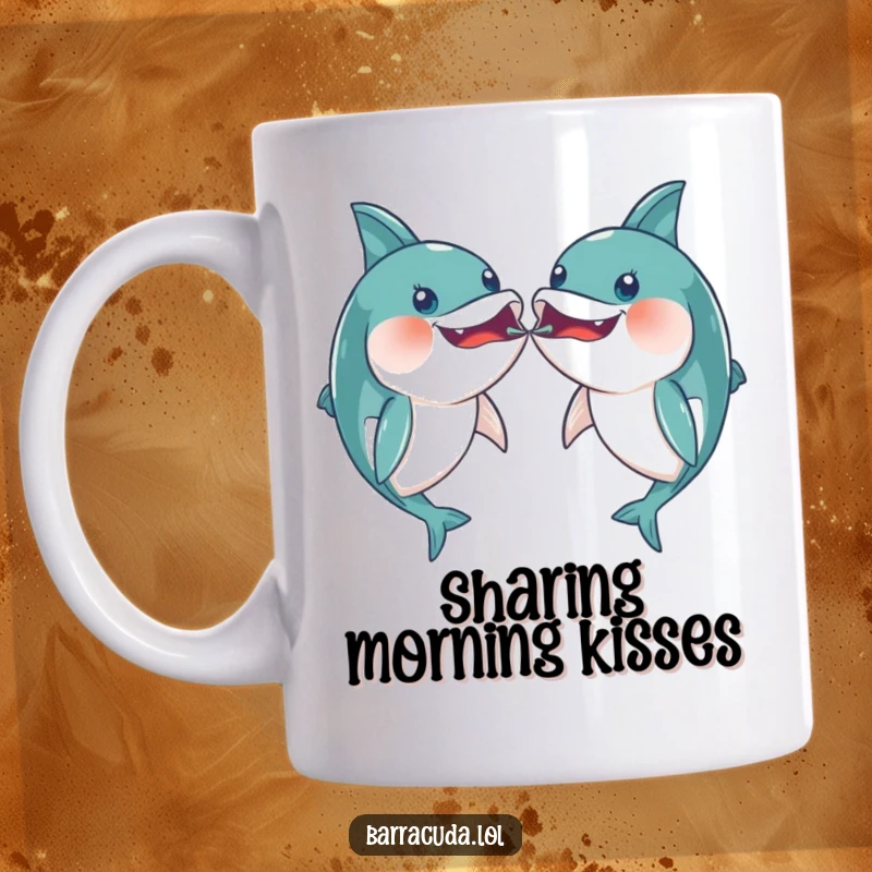 Funny pair of kawaii barracudas playfully bumping mouths on a mug, showing a cute and comical aquatic connection.