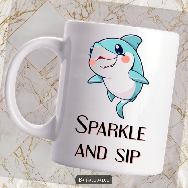 Funny Kawaii Barracuda Mug: a cute barracuda winks, leaving a trail of glitter, adding magical charm.