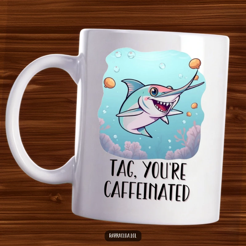 Funny barracuda mug artfully depicting an energetic barracuda playfully chasing another fish in an underwater game of tag.
