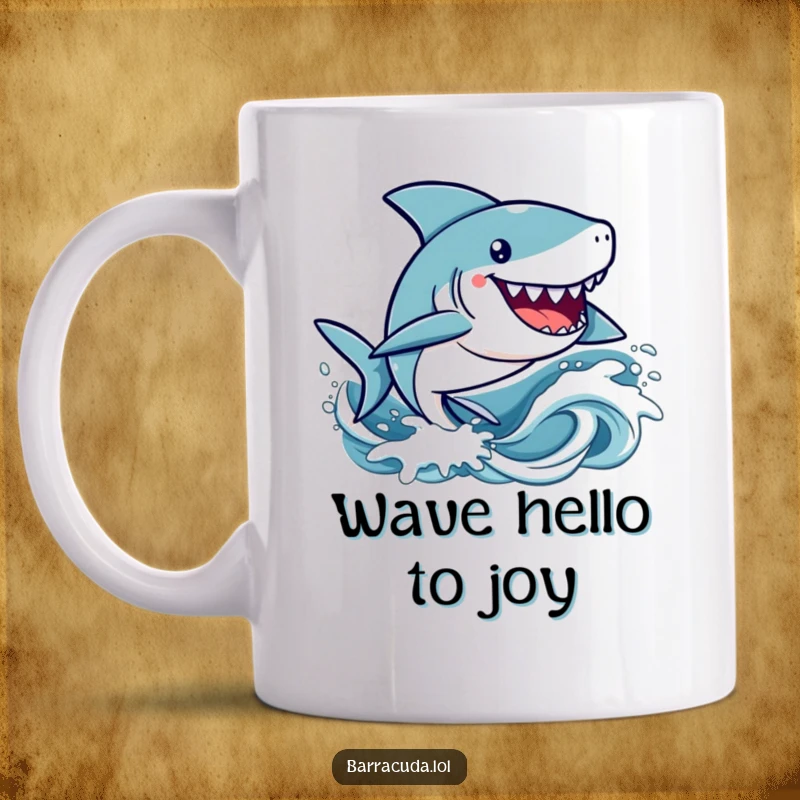 Funny kawaii barracuda character happily zipping through stylized blue waves, depicted on a mug with a cute, joyful expression.