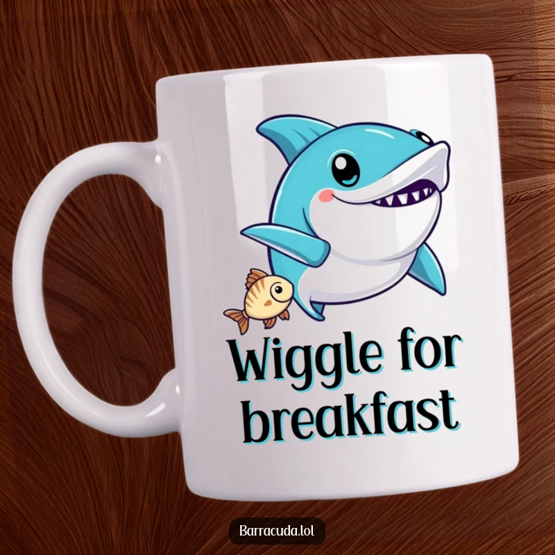 Funny Kawaii Barracuda Mug: a cute barracuda doing a funny victory wiggle after catching a fish, full of joy.
