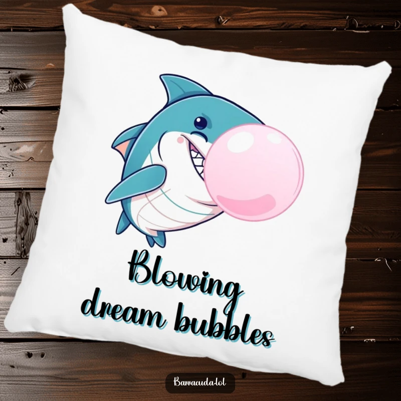 Funny Barracuda Bubble Pillow, a mischievous barracuda blowing a giant bubblegum bubble, offering comfort and a touch of playful, aquatic humor.