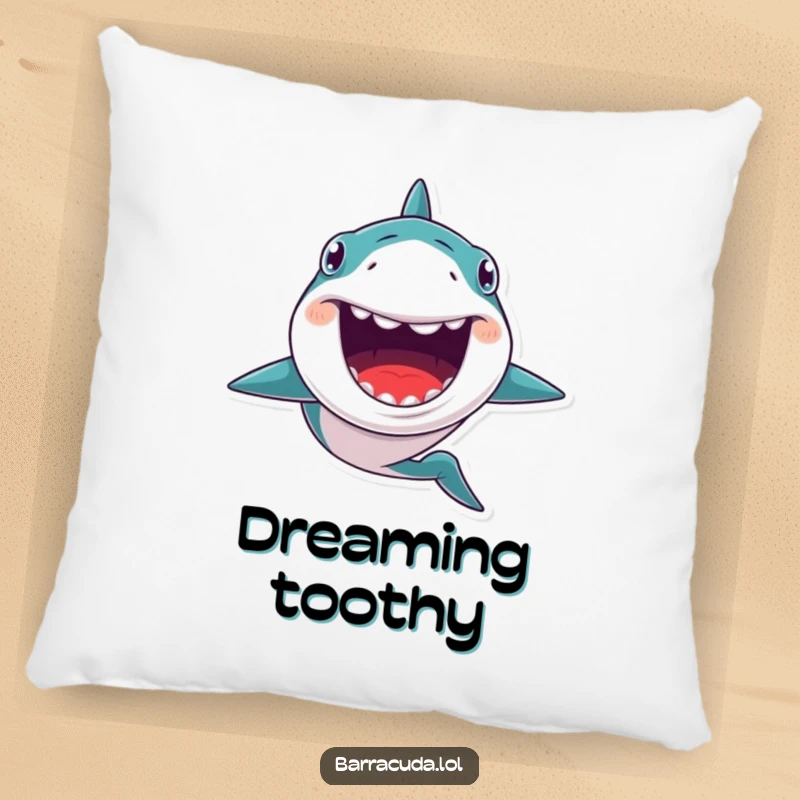 Funny decorative pillow featuring a kawaii barracuda with a huge, toothy grin, swimming energetically with quirky ocean charm.
