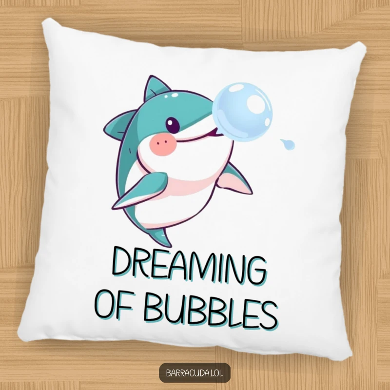Funny barracuda pillow, showing a barracuda playfully pursuing a soap bubble, perfect for adding a humorous touch to any seating area.