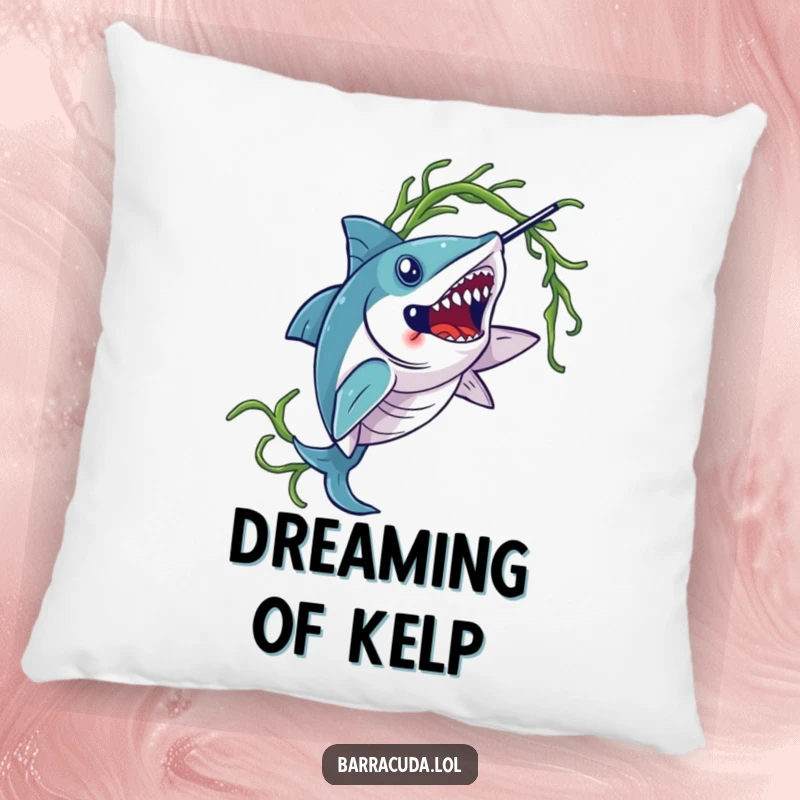 Funny barracuda pillow, showing a barracuda elegantly twirling seaweed, perfect for adding a touch of class and humor.