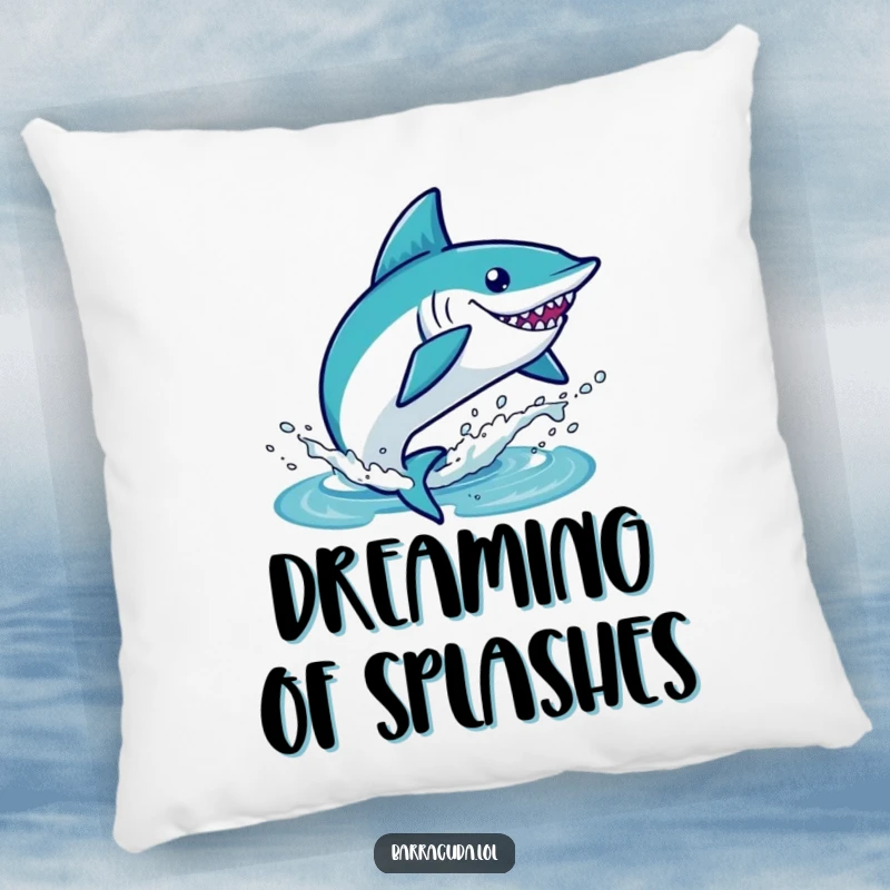 Funny kawaii barracuda leaping out of water with a splash, soft and humorous decorative pillow.
