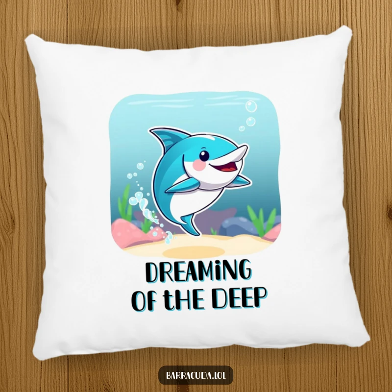 Funny pillow showcasing a barracuda gracefully doing a synchronized swimming pose with energetic water splashes, perfect for humorous decor.