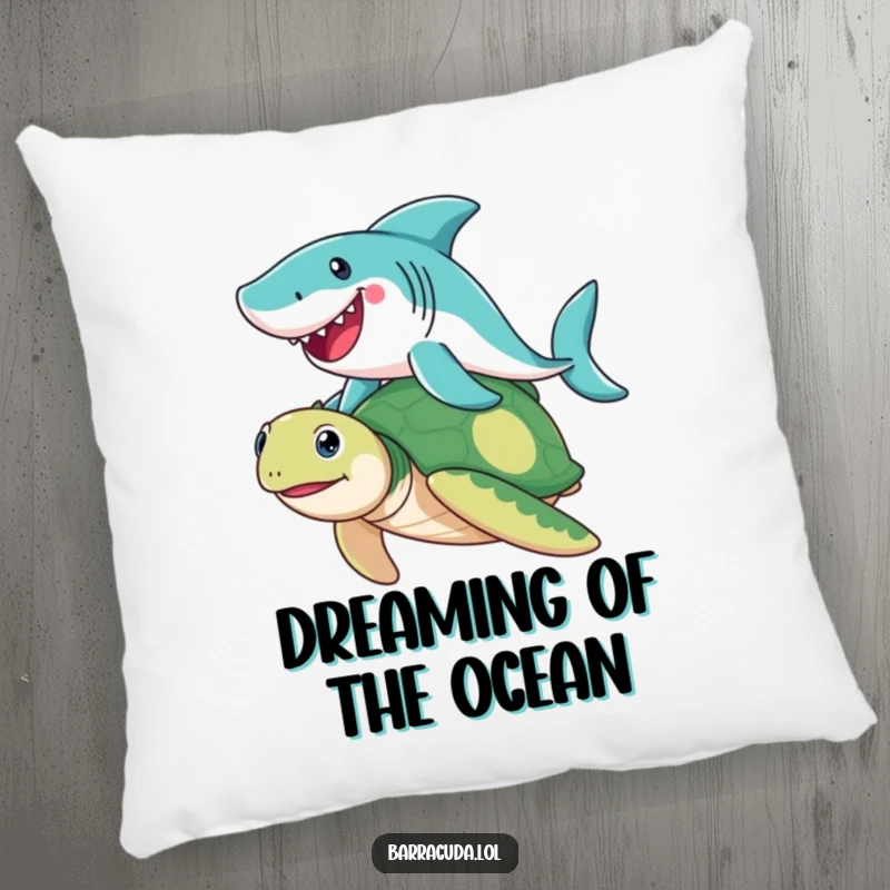 Funny Barracuda pillow showcasing a joyful barracuda riding a friendly sea turtle, a soft and humorous decorative accent for sofas or beds.
