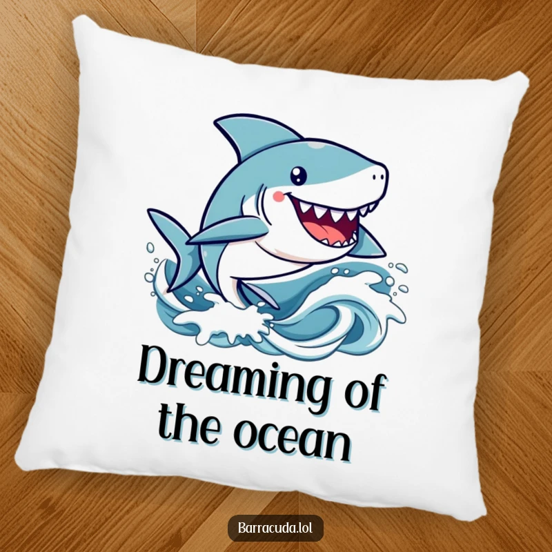 Funny kawaii barracuda character happily zipping through stylized waves, depicted on a soft and humorous pillow.