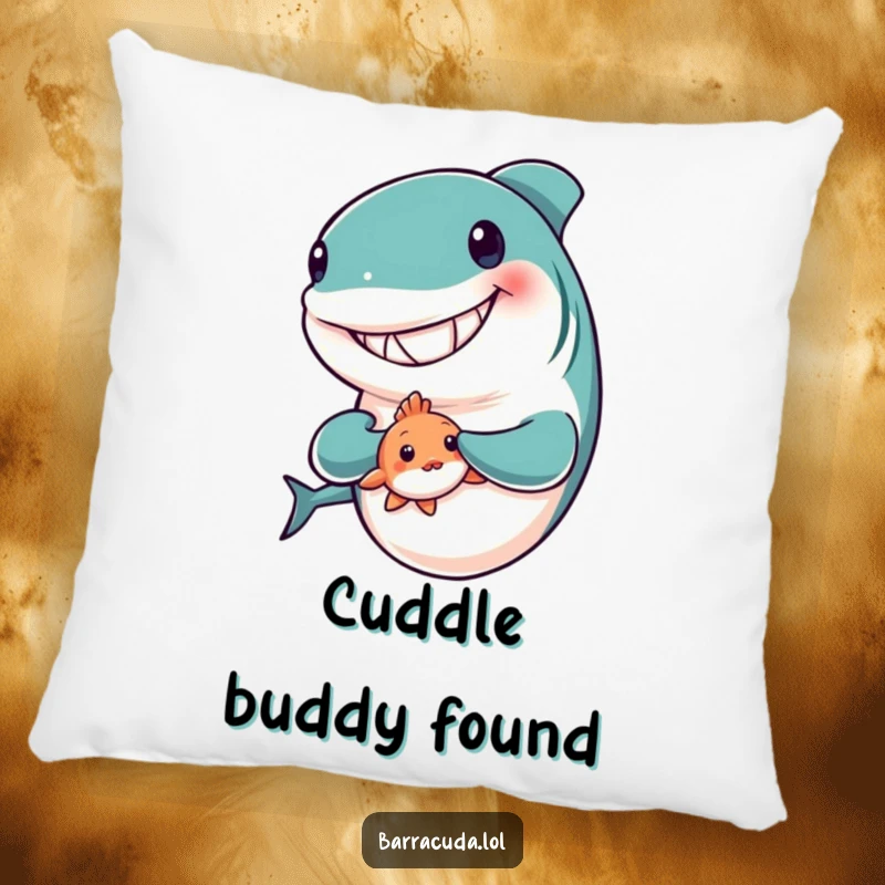Funny pillow showcasing a grinning barracuda gently holding a tiny, shy fish, perfect for adding comfort and charm.
