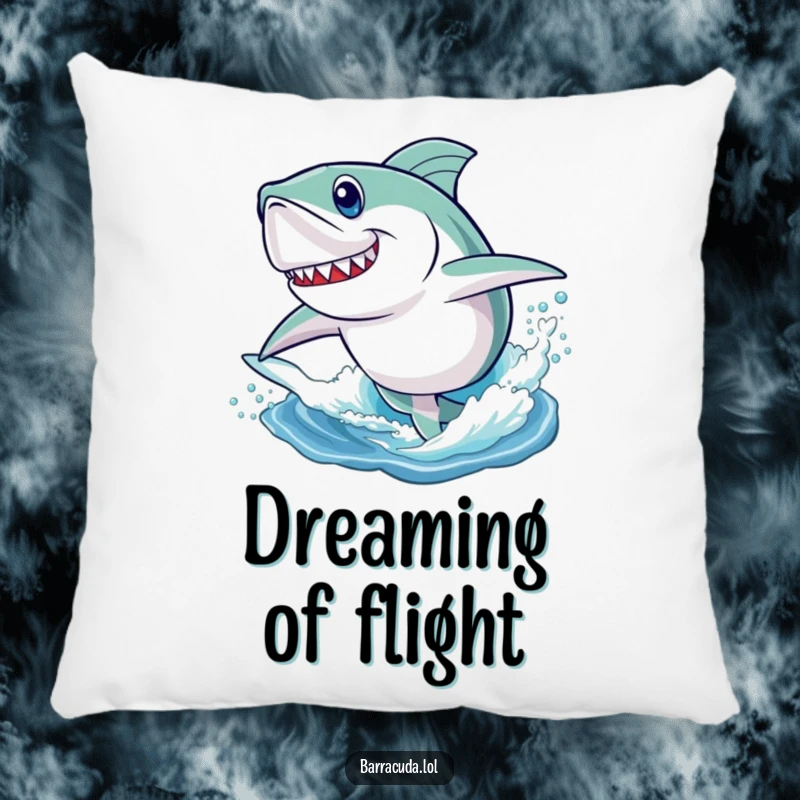 Funny pillow showing a barracuda with a determined expression, joyfully leaping out of the water, perfect for a cozy space.