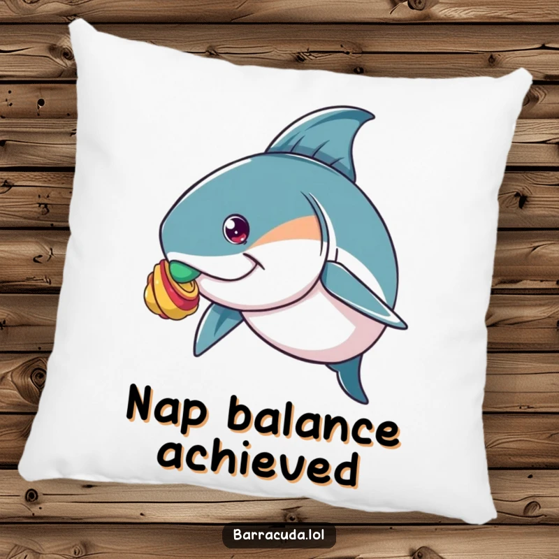 Funny pillow showcasing a barracuda with a determined look, balancing a small, colorful shell on its nose, perfect for comfort.